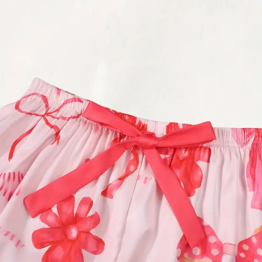 Pink Bow and Floral Print Women's Pajama Set Size XS Romantic Valentine’s Day